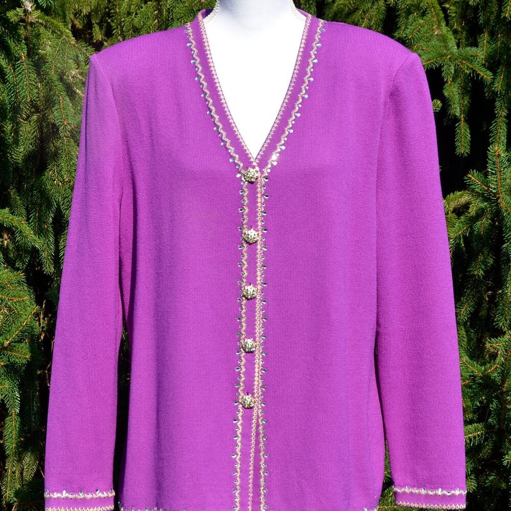 St. John Size 12 Magenta jacket with embellishments & beautiful crystal buttons